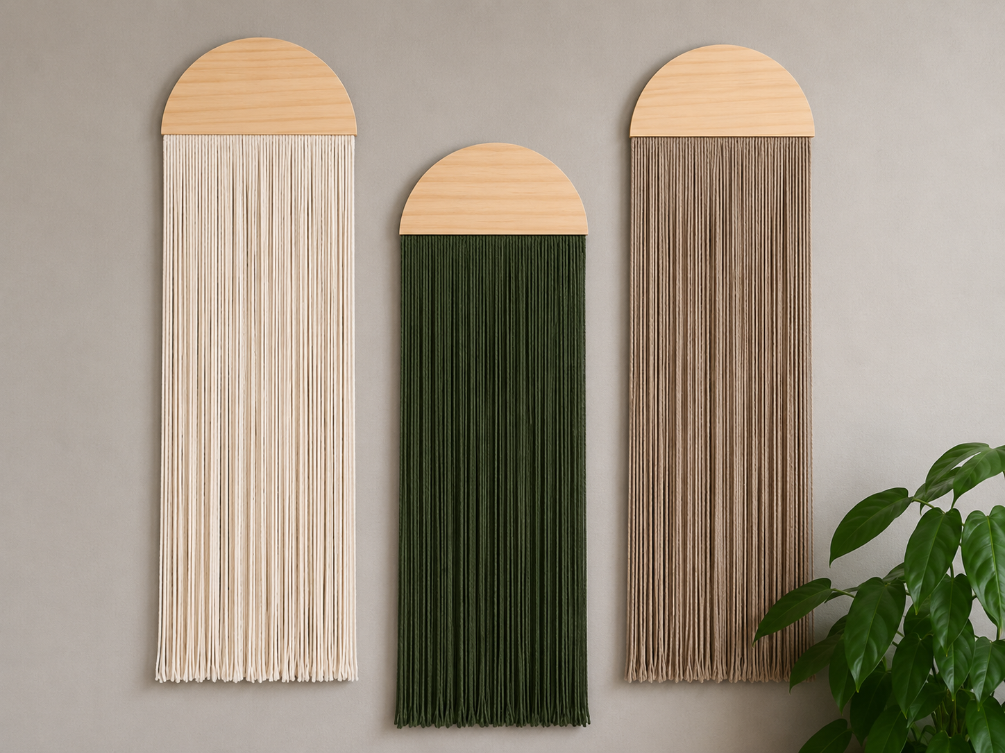 Painel decorativo em macramê com três módulos em madeira, dois em tom natural e um em verde escuro.